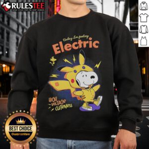 Alt Text: Cute Snoopy sweatshirt featuring 'Today I'm Feeling Electric' design with high voltage cuteness for cozy style.
