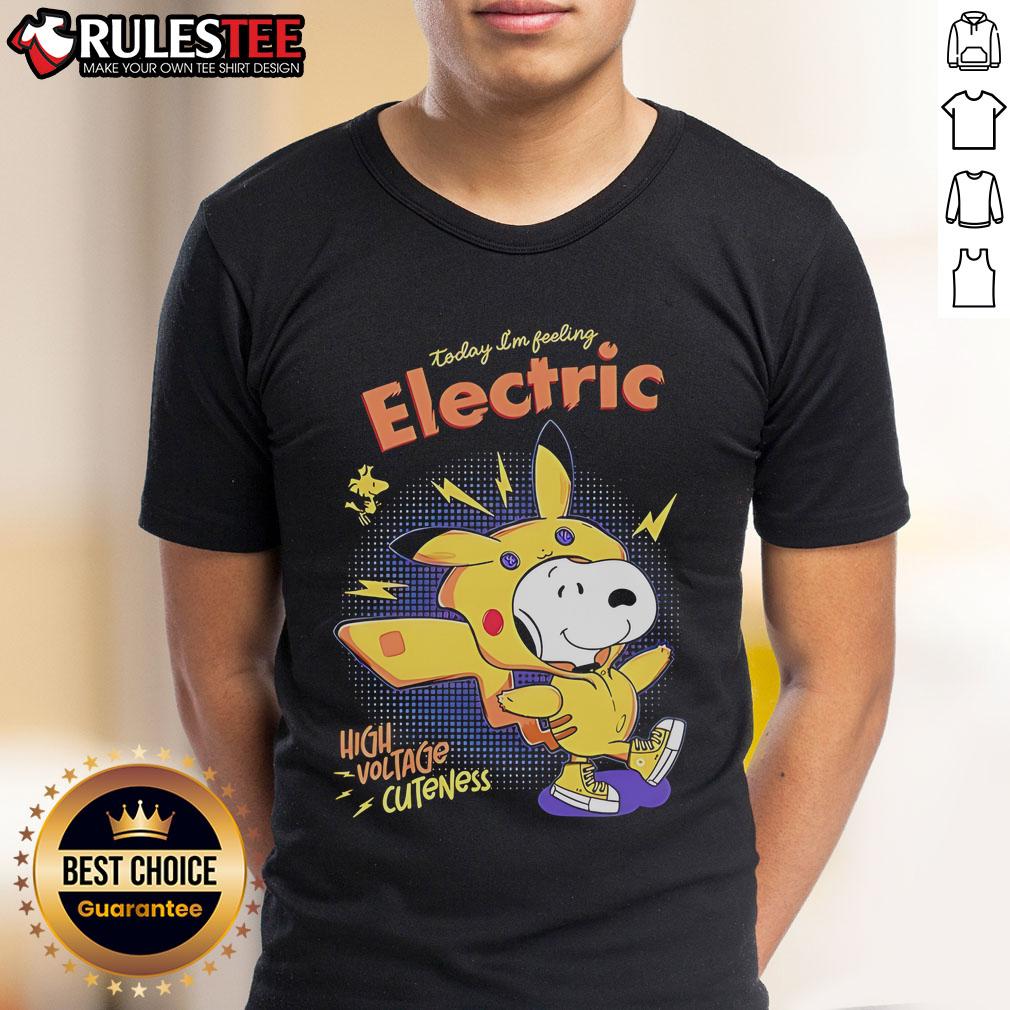 Alt Text: Cute Snoopy 'Today I'm Feeling Electric' High Voltage Cuteness T-Shirt featuring vibrant colors and playful design.