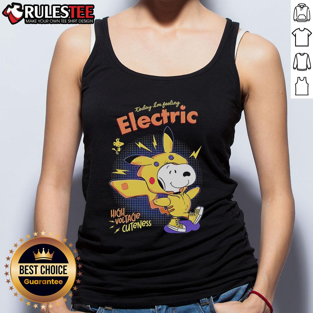 Alt Text: Cute Snoopy tank top featuring 'Today I'm Feeling Electric' design, showcasing high voltage cuteness and playful style.