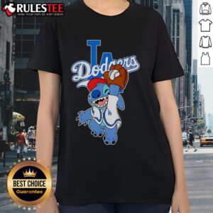 Cute Stitch playing baseball in a Los Angeles Dodgers ladies tee, perfect for fans and casual wear.