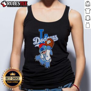 Alt Text: Cute Stitch wearing a Los Angeles Dodgers tank top while playing baseball, showcasing a fun and sporty style.