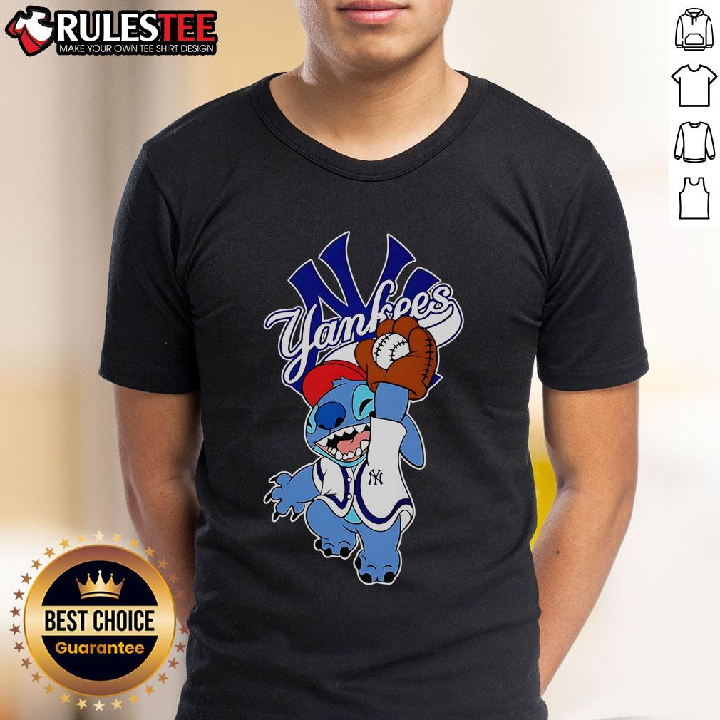 Alt Text: Cute Stitch wearing a New York Yankees T-shirt, playing baseball, perfect for fans and kids who love sports.