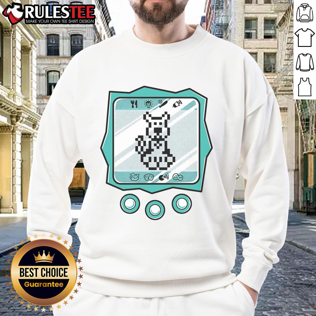 Alt Text: Cute virtual Doo from the pixel game art on a cozy sweatshirt, perfect for gamers and pet lovers alike.