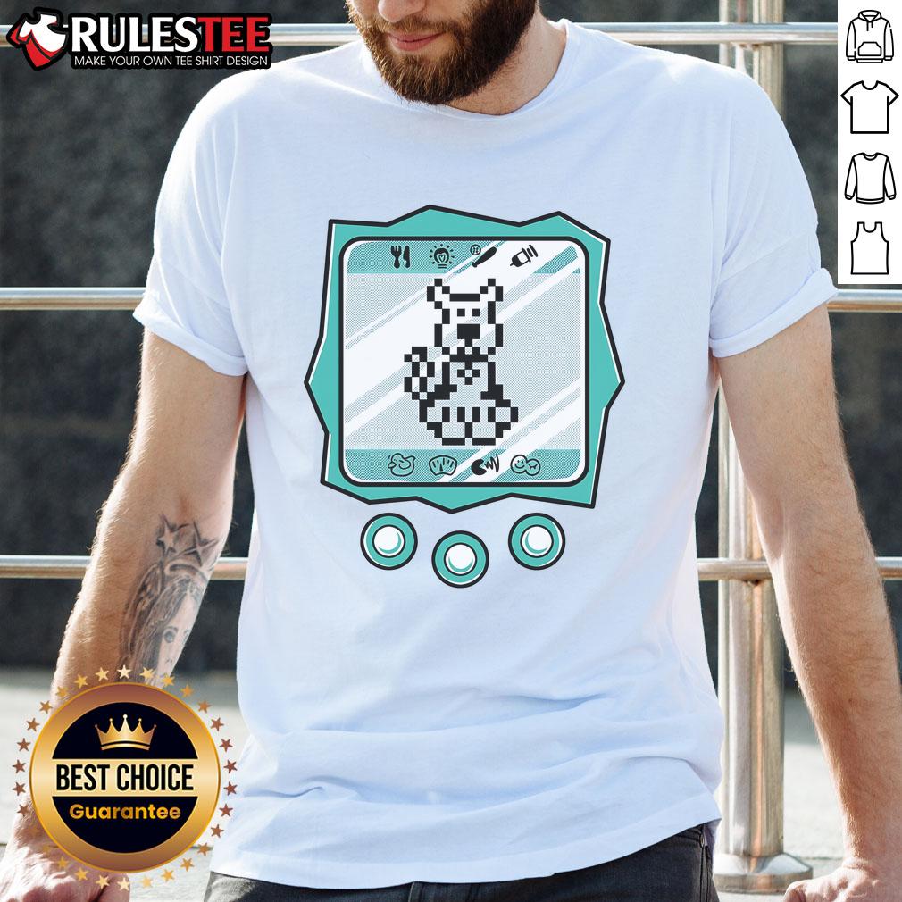 Alt Text: Cute Virtual Doo virtual pet pixel game art T-shirt featuring colorful pixelated characters and playful design.