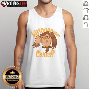 Cute Who Cares cartoon owl tank top featuring a colorful owl graphic, perfect for casual summer outfits.