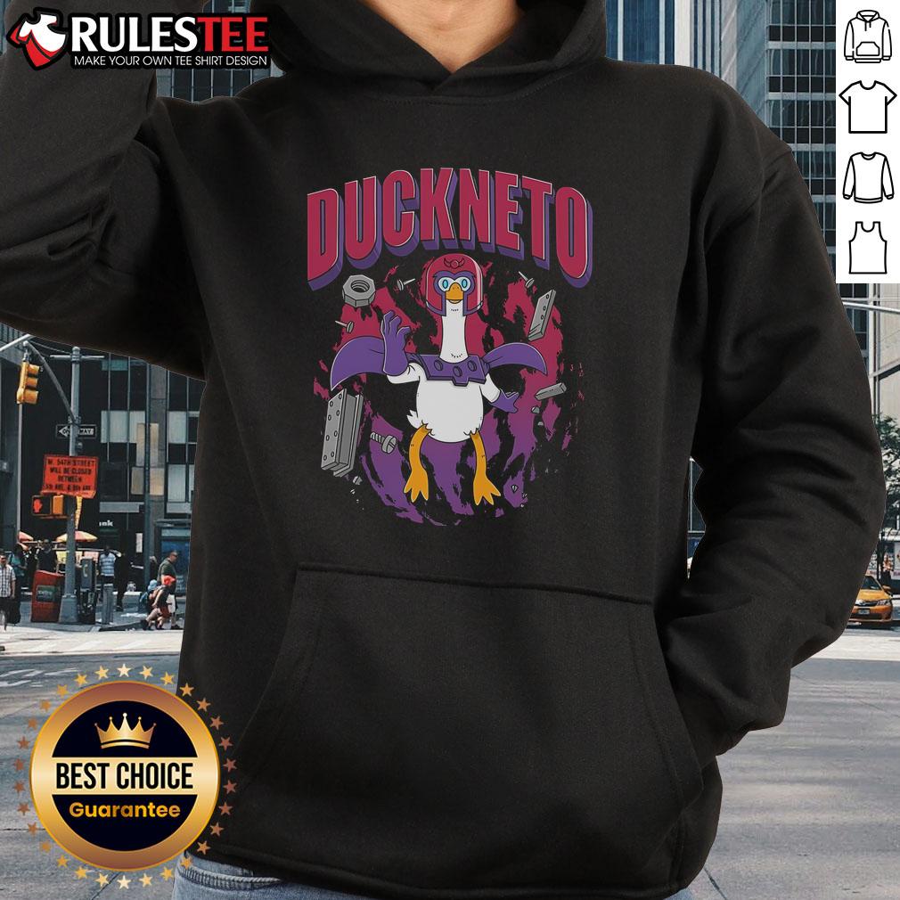 Funny Duckneto Marvel Magneto Duck Hoodie featuring a whimsical duck in a superhero costume, perfect for fans and gift seekers.