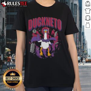 Funny Duckneto Marvel Magneto Duck ladies tee featuring a quirky duck superhero design in vibrant colors.