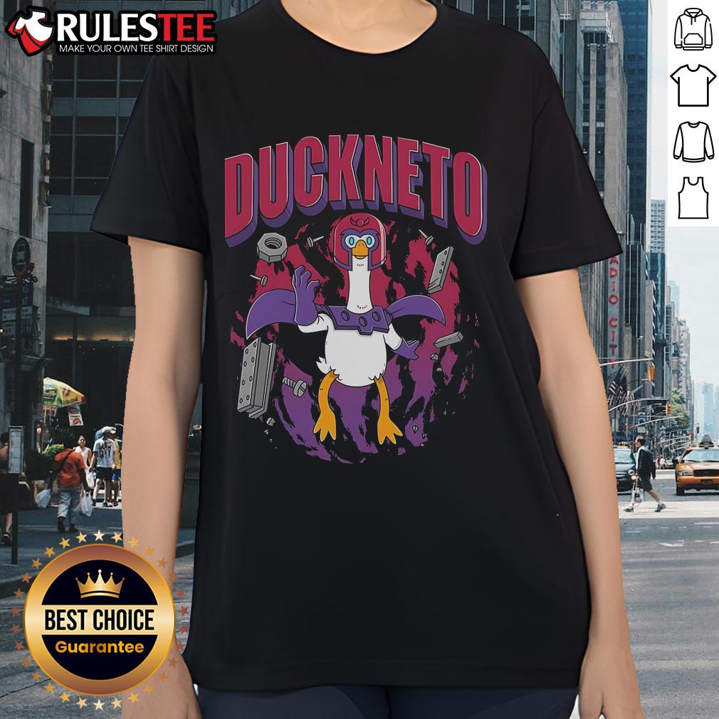 Funny Duckneto Marvel Magneto Duck ladies tee featuring a quirky duck superhero design in vibrant colors.