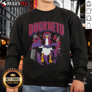 Funny Duckneto sweatshirt featuring a duck in Magneto's costume, perfect for Marvel fans and unique fashion lovers.