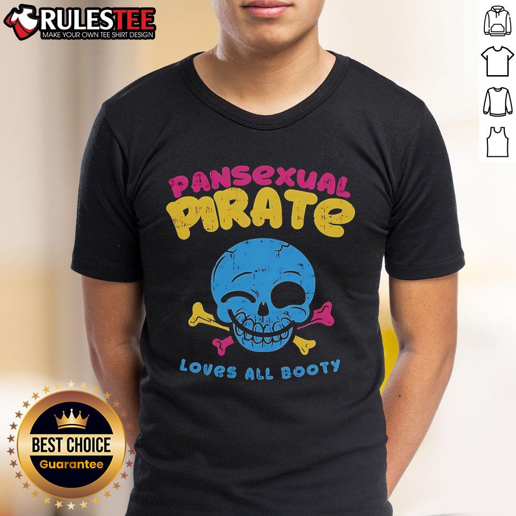 Funny Skull Smile Pansexual Pirate T-Shirt featuring a playful design celebrating love for all booty and inclusivity.