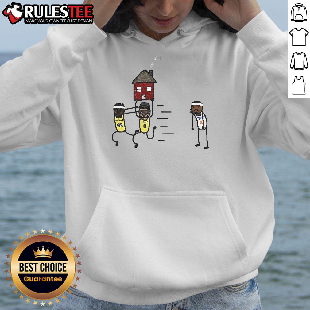 Funny Tyrese Haliburton vs Pascal Siakam meme hoodie featuring Indiana Pacers and Oklahoma City Thunder graphics.