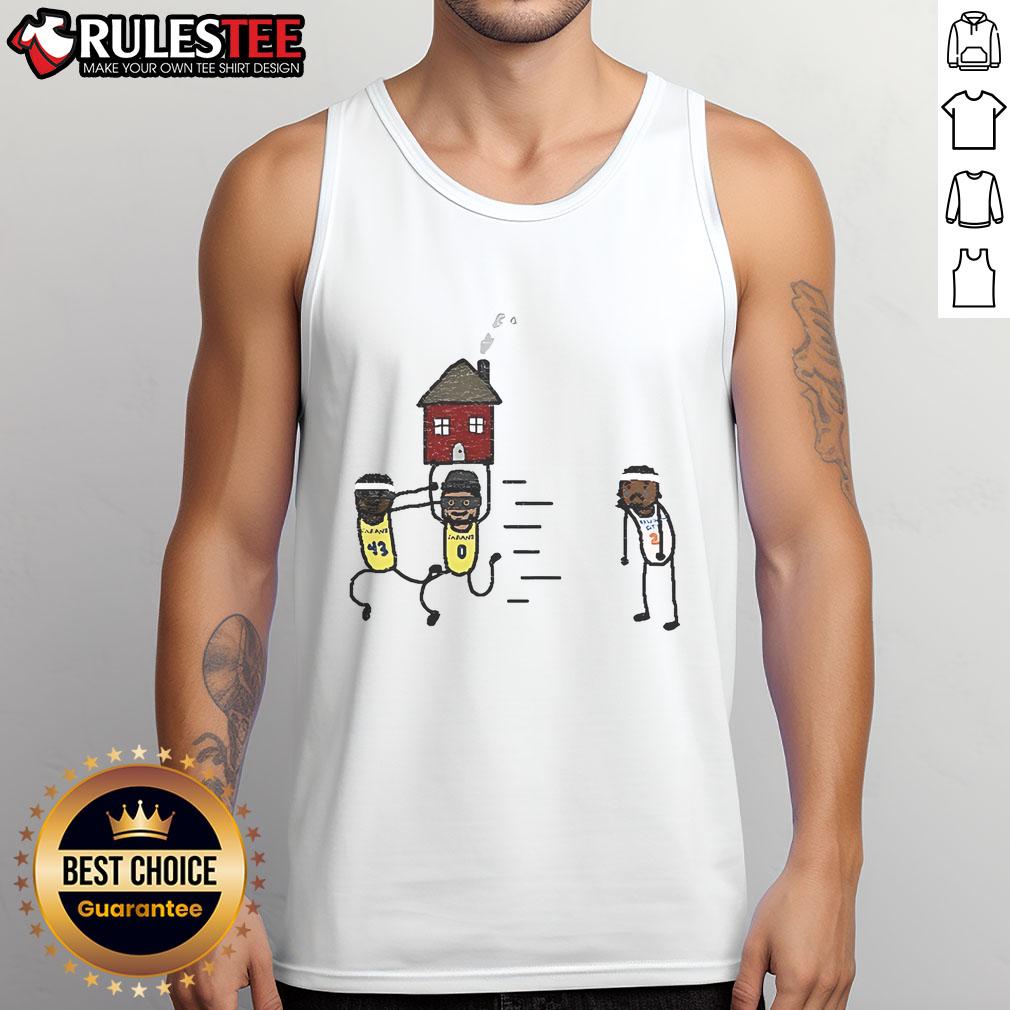 Funny Tyrese Haliburton vs Pascal Siakam meme on a tank top, featuring Indiana Pacers and Oklahoma City Thunder themes.