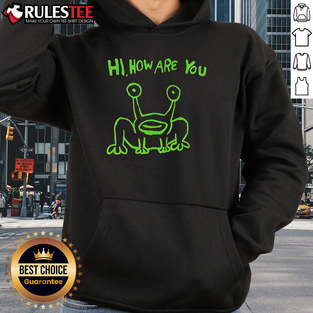 Colorful neon hoodie featuring a frog design with 'Good Hi, How Are You?' text for casual style and fun fashion.