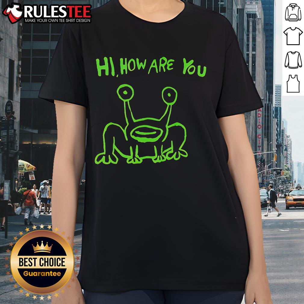 Good Hi How Are You Frog Neon Ladies Tee featuring a vibrant frog design on a stylish women's t-shirt.