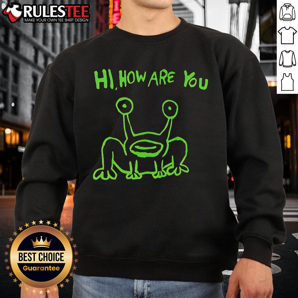 Colorful 'Good Hi How Are You' frog neon sweatshirt featuring a playful design, perfect for casual wear and vibrant style.