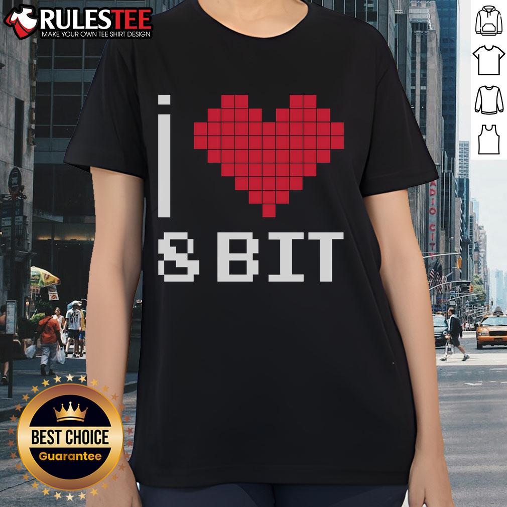 Alt Text: 8-bit retro gamer ladies tee featuring 'Good I Love Heart' design perfect for gaming enthusiasts.