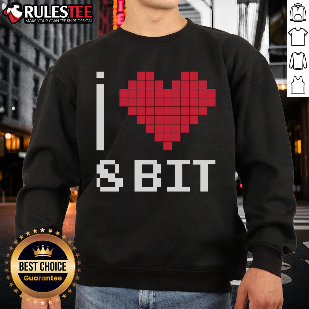 Good I Love Heart 8-Bit Retro Gamer Gaming Sweatshirt featuring pixel art design for gaming enthusiasts.