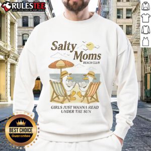 Good Salty Moms Beach Club sweatshirt featuring a duck reading at the beach, perfect for coastal moms' casual style.