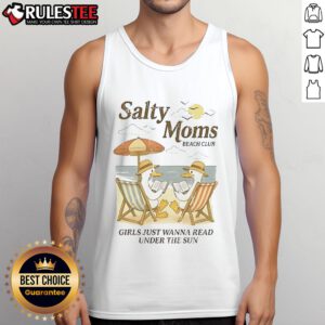 Good Salty Moms Beach Club tank top featuring a duck reading at the beach, perfect for summer fun and family outings.