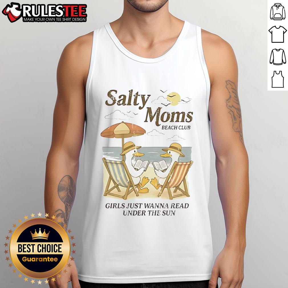 Good Salty Moms Beach Club tank top featuring a duck reading at the beach, perfect for summer fun and family outings.
