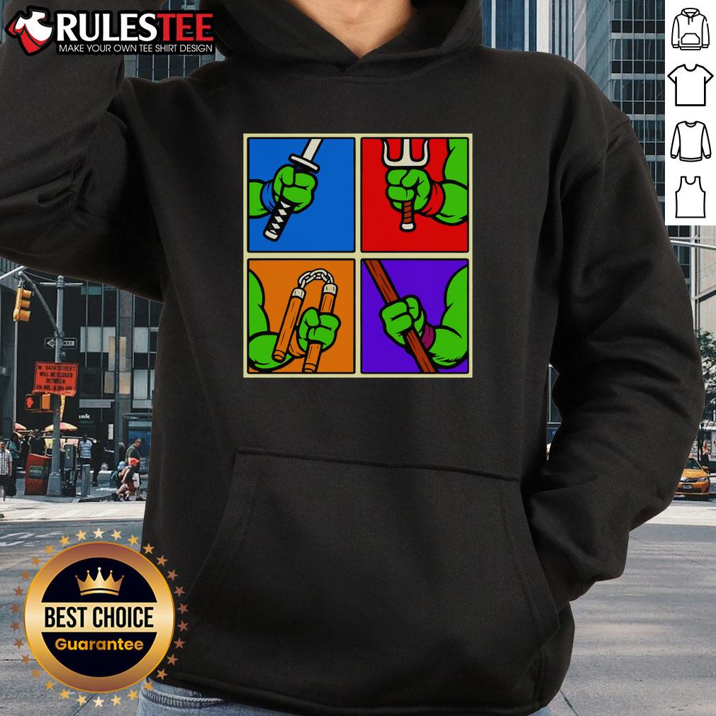 Good Teenage Mutant Ninja Turtles Ninja Weapons Hoodie featuring vibrant graphics of iconic characters and their weapons.