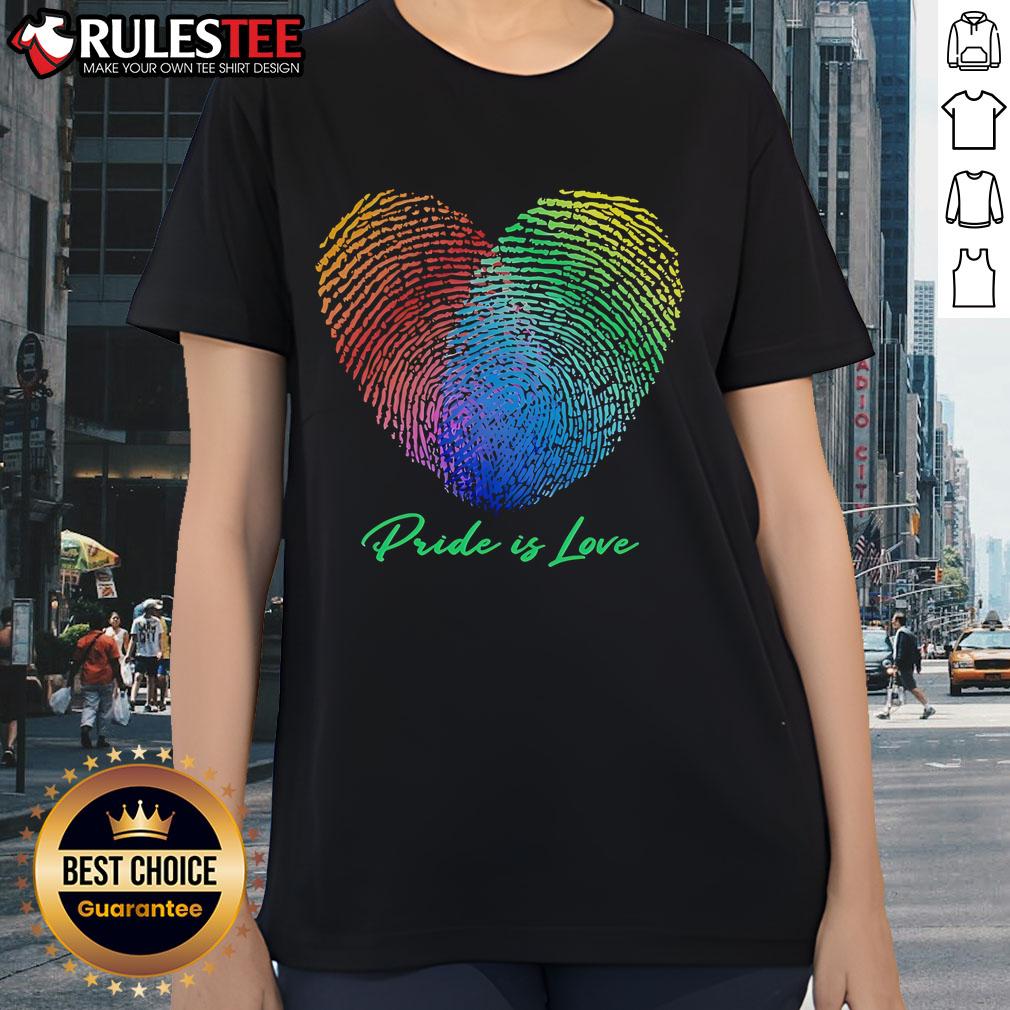 Nice Fingerprint Heart Pride is Love Ladies Tee showcasing a vibrant design celebrating love and diversity.
