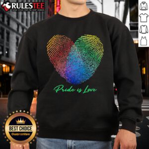 Colorful sweatshirt featuring a fingerprint heart design, promoting pride and love for the LGBTQ+ community.