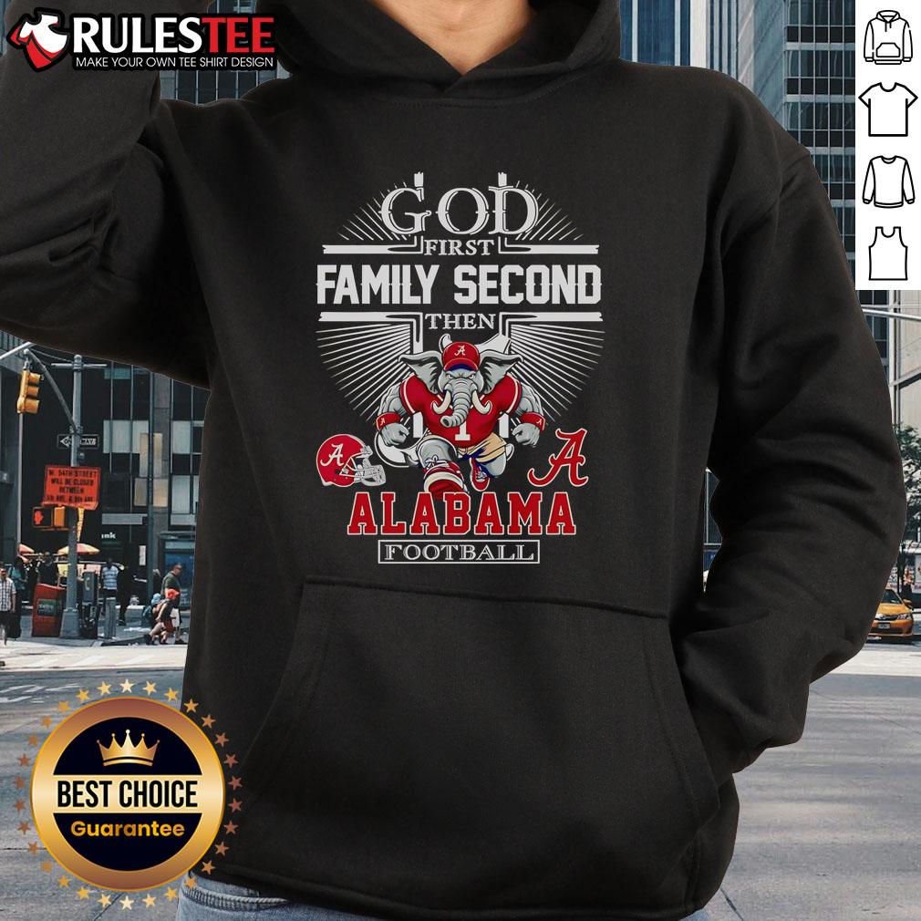 Alabama Football mascot hoodie featuring 'Nice God First Family Second' design, perfect for fans and casual wear.