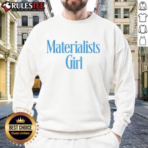 Trendy girl wearing a Nice Materialists sweatshirt, showcasing a stylish casual outfit for fashion-forward individuals.