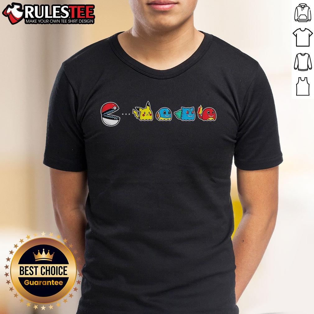 Nice Pac-Man Pokmon Pok Ball parody T-shirt featuring a fun design combining Pac-Man and Pokmon elements.