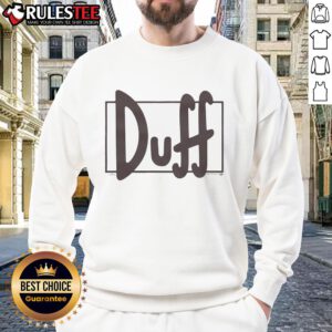 Alt Text: Lightweight sweatshirt featuring Duff Beer design from The Simpsons, perfect for fans and casual wear.