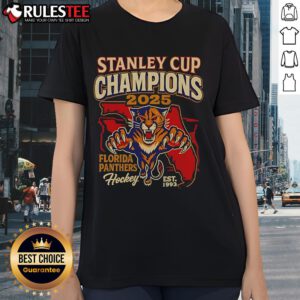 Official 2025 Stanley Cup Championship Florida Panthers Est. 1993 ladies tee featuring team logo and stylish design.
