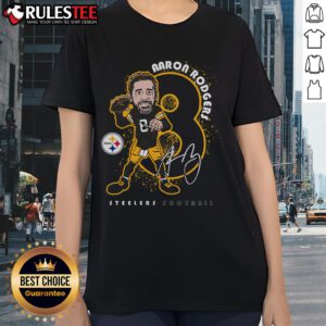 Alt Text: Official Aaron Rodgers Black Pittsburgh Steelers Steel City Ladies Tee, stylish women's NFL apparel for fans.