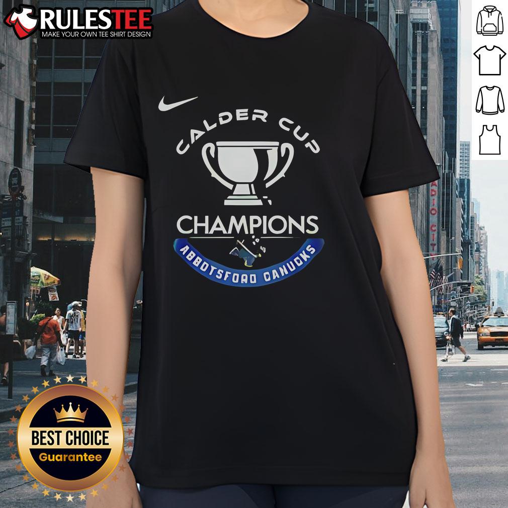 Official Abbotsford Canucks Calder Cup Champions 2025 ladies tee featuring team logo and stylish design for fans.