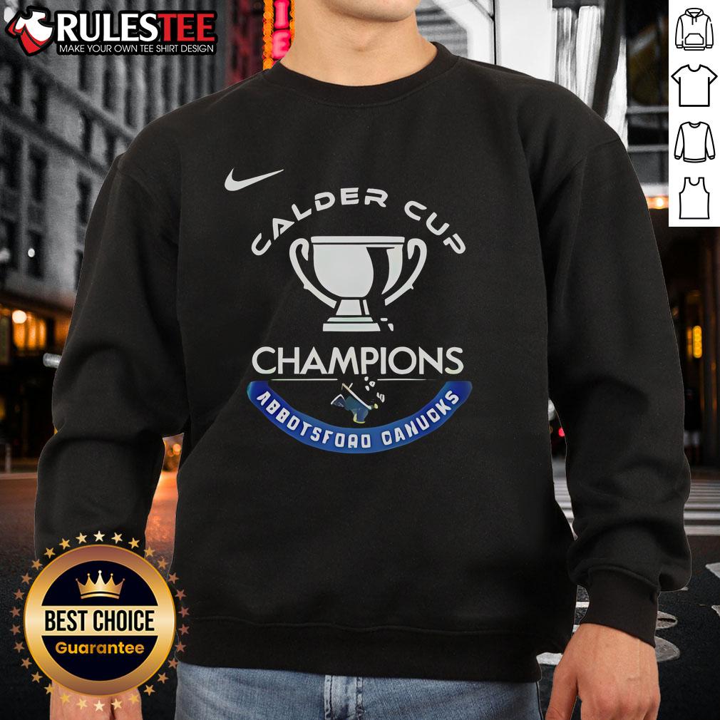 Official Abbotsford Canucks Calder Cup Champions 2025 sweatshirt featuring team logo and championship details.