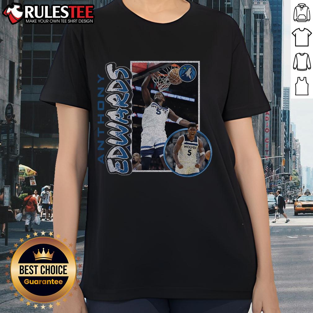 Official Anthony Edwards Navy Minnesota Timberwolves 90s Player Ladies Tee showcasing a stylish design for fans.