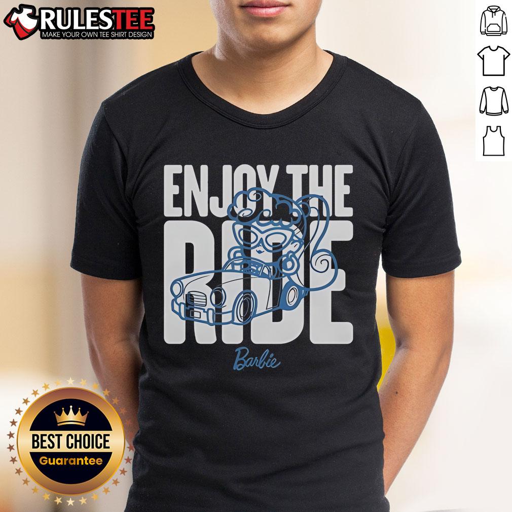 Alt Text: Official Barbie Enjoy The Ride Embroidered Cutie T-Shirt featuring vibrant colors and playful design for stylish fans.