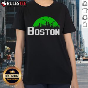 Official Boston Celtics cityscape skyline style 2025 ladies tee showcasing vibrant design and team spirit.