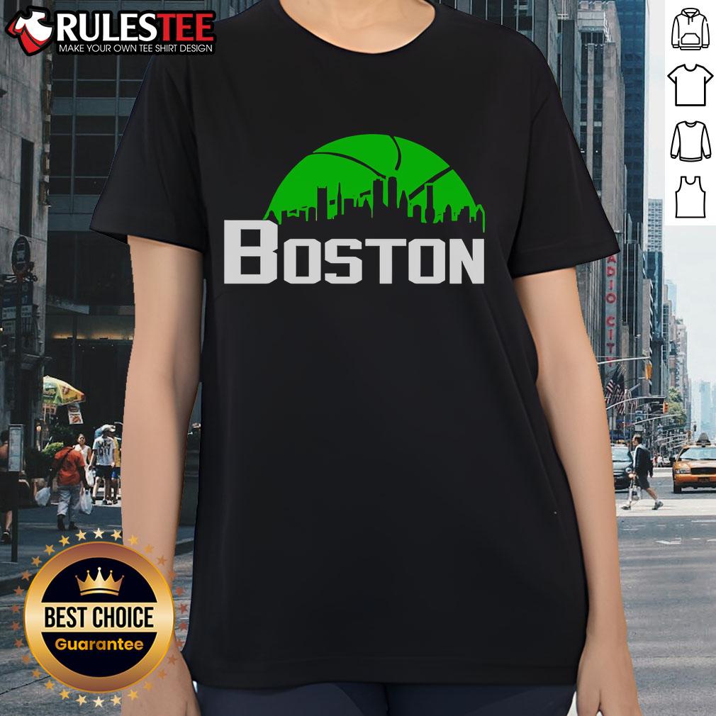 Official Boston Celtics cityscape skyline style 2025 ladies tee showcasing vibrant design and team spirit.