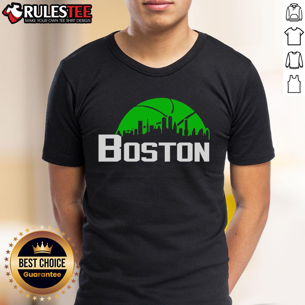 Official Boston Celtics Cityscape Skyline Style 2025 T-Shirt featuring iconic Boston skyline and team colors.
