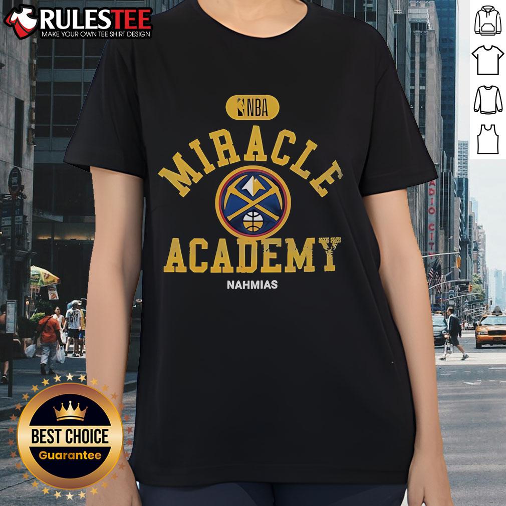 Alt Text: Official Denver Nuggets Miracle Academy NBA Collection Ladies Tee featuring vibrant team colors and logo design.