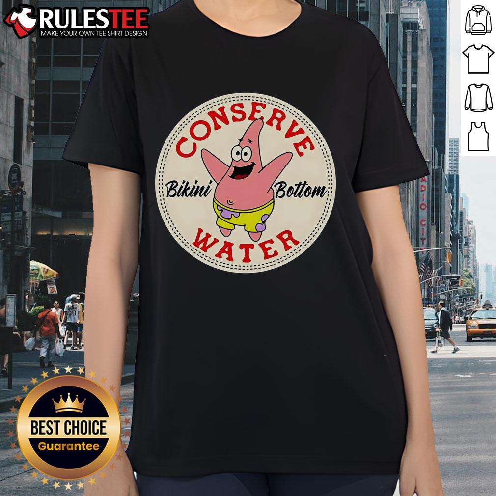 Official Patrick Star Conserve Water Bikini Bottom Ladies Tee featuring vibrant graphics and a fun beach theme.