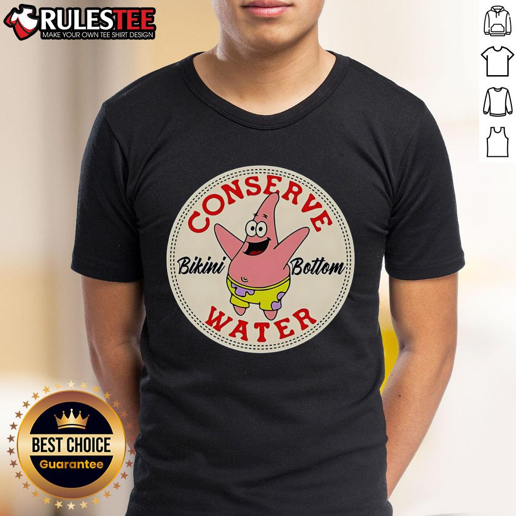 Official Patrick Star Conserve Water Bikini Bottom T-Shirt featuring vibrant colors and fun design promoting water conservation.