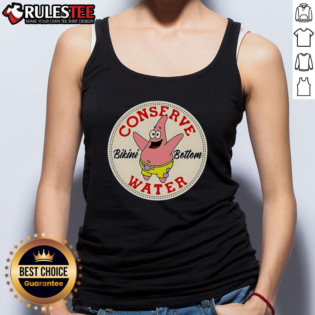 Official Patrick Star Conserve Water Bikini Bottom tank top featuring vibrant colors and fun design for fans.
