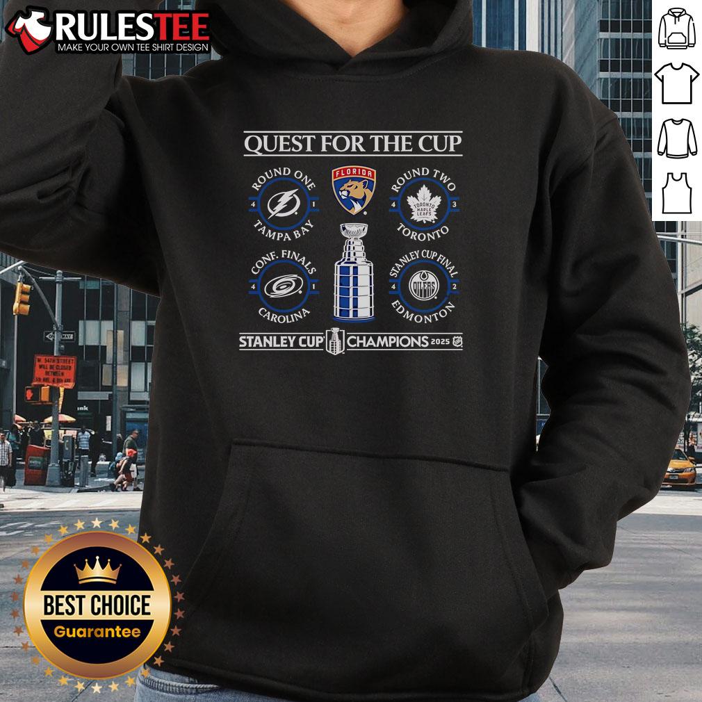 Official Quest for the Cup Florida Panthers 2025 Stanley Cup Champions Schedule Hoodie featuring team logo and dates.