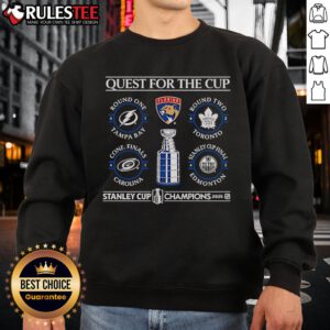 Alt Text: Official Quest for the Cup Florida Panthers 2025 Stanley Cup Champions Schedule Sweatshirt in team colors.