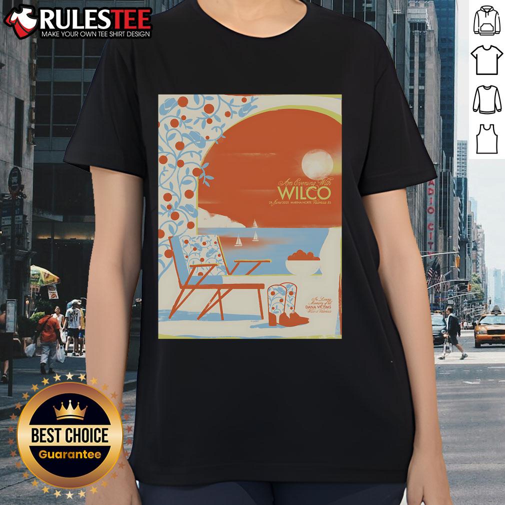 Official Wilco Valencia ES Marina Norte June 29 2025 Poster for Ladies Tee featuring vibrant design and band details.