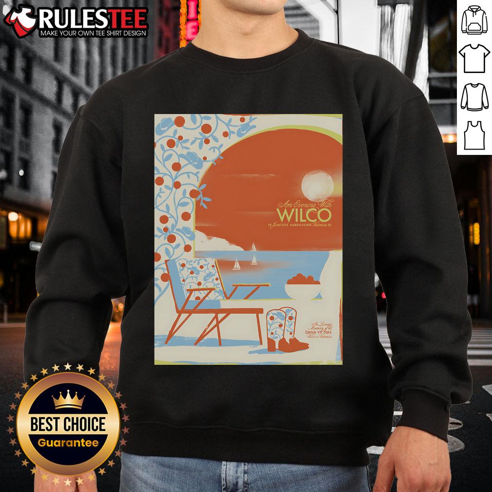 Official Wilco Valencia ES Marina Norte June 29, 2025 poster design on a sweatshirt showcasing vibrant graphics.