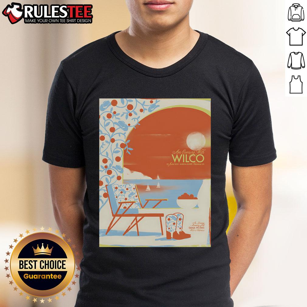 Alt Text: Official Wilco Valencia Es Marina Norte June 29 2025 poster t-shirt featuring vibrant graphics and concert details.