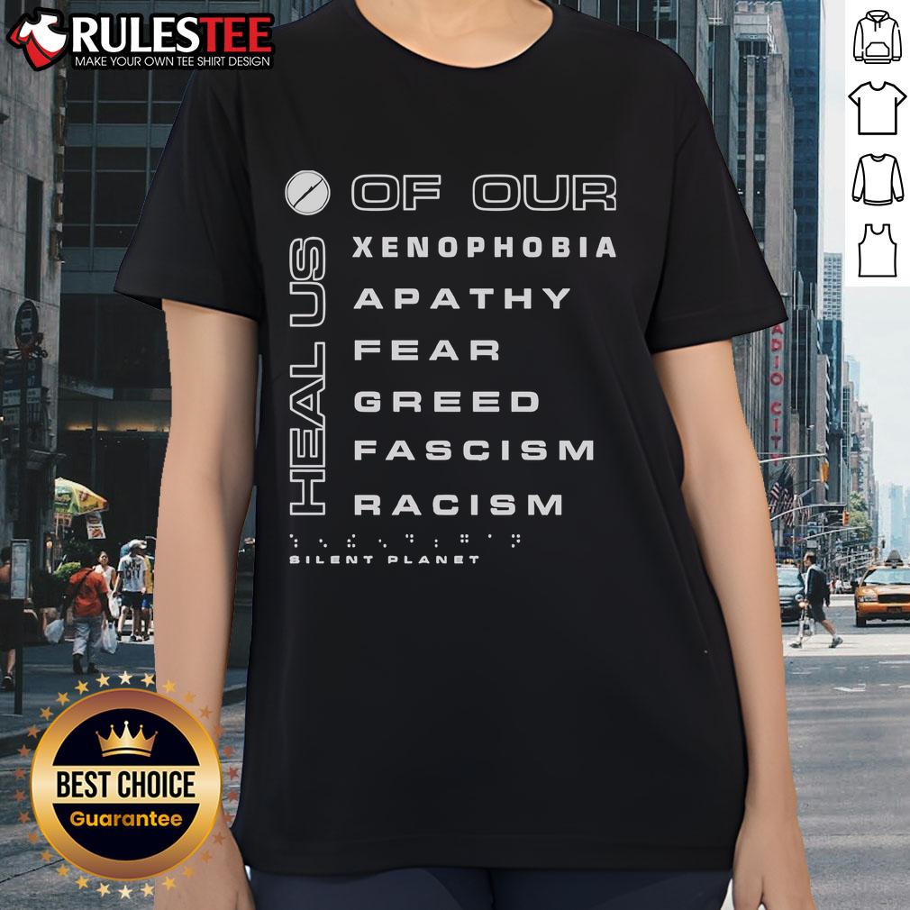 Original Silent Planet 'Heal Us' charity tee for women addressing xenophobia, apathy, fear, greed, fascism, and racism.